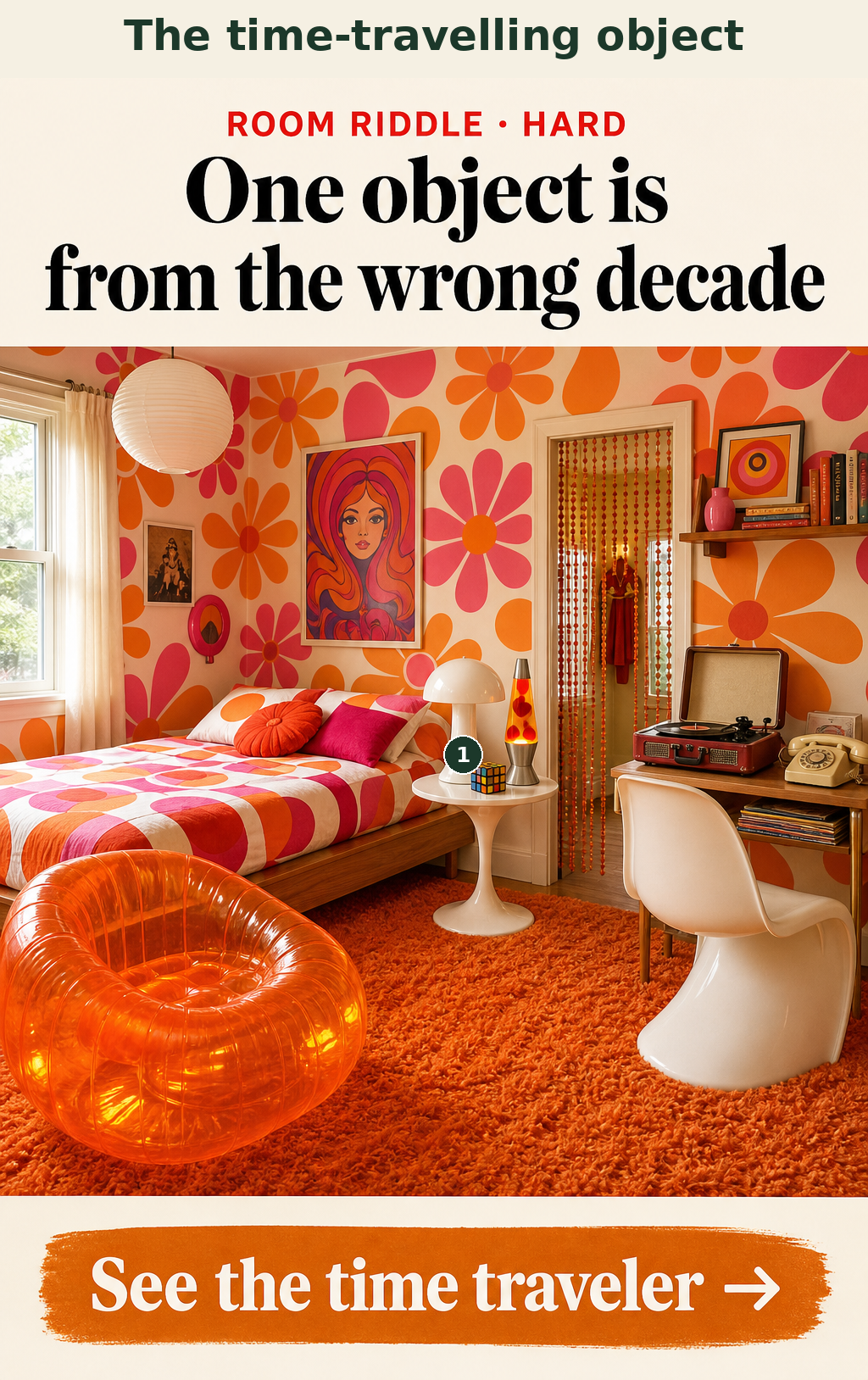 The Rubik's Cube became a global phenomenon in the 1980s, but this room is accurately styled to the 1960s.