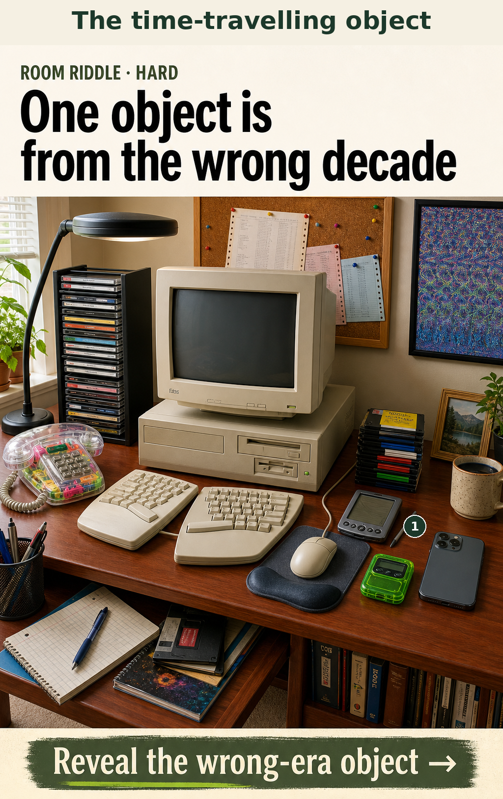 The modern triple-lens smartphone is from the 2020s, while the rest of the desk features 1990s technology.