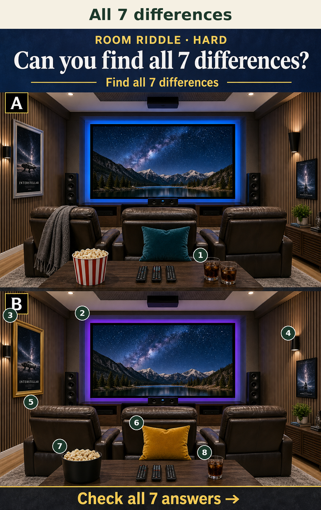 Seven distinct decor and accessory details change between the top and bottom home theater views.