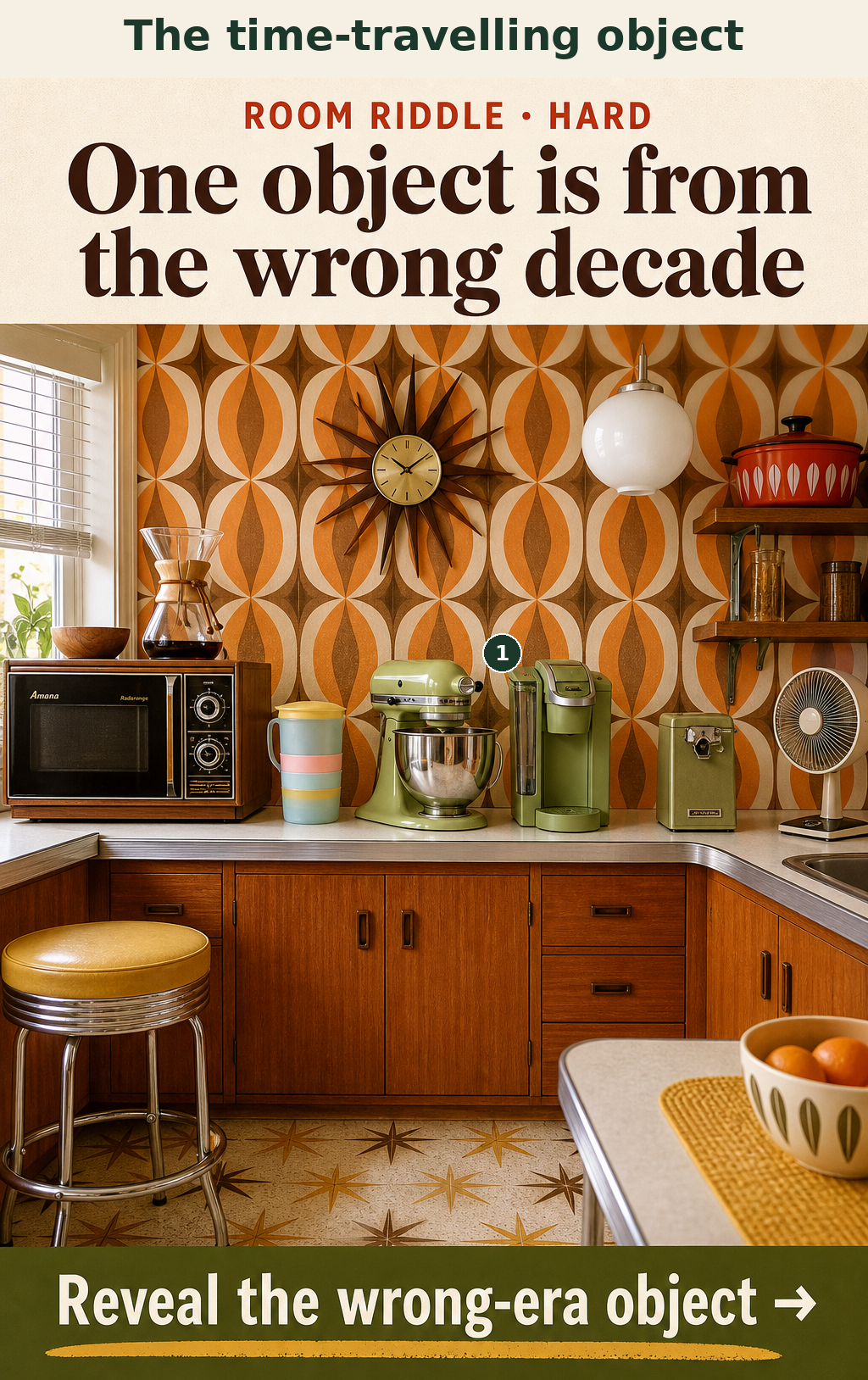 The single-serve pod coffee maker is from the 2010s, while the rest of the kitchen is from the 1960s.