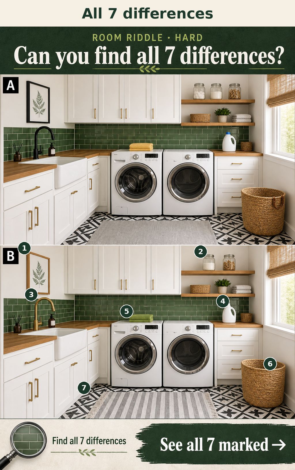 Seven specific decor and color changes distinguish the lower laundry room from the upper one.