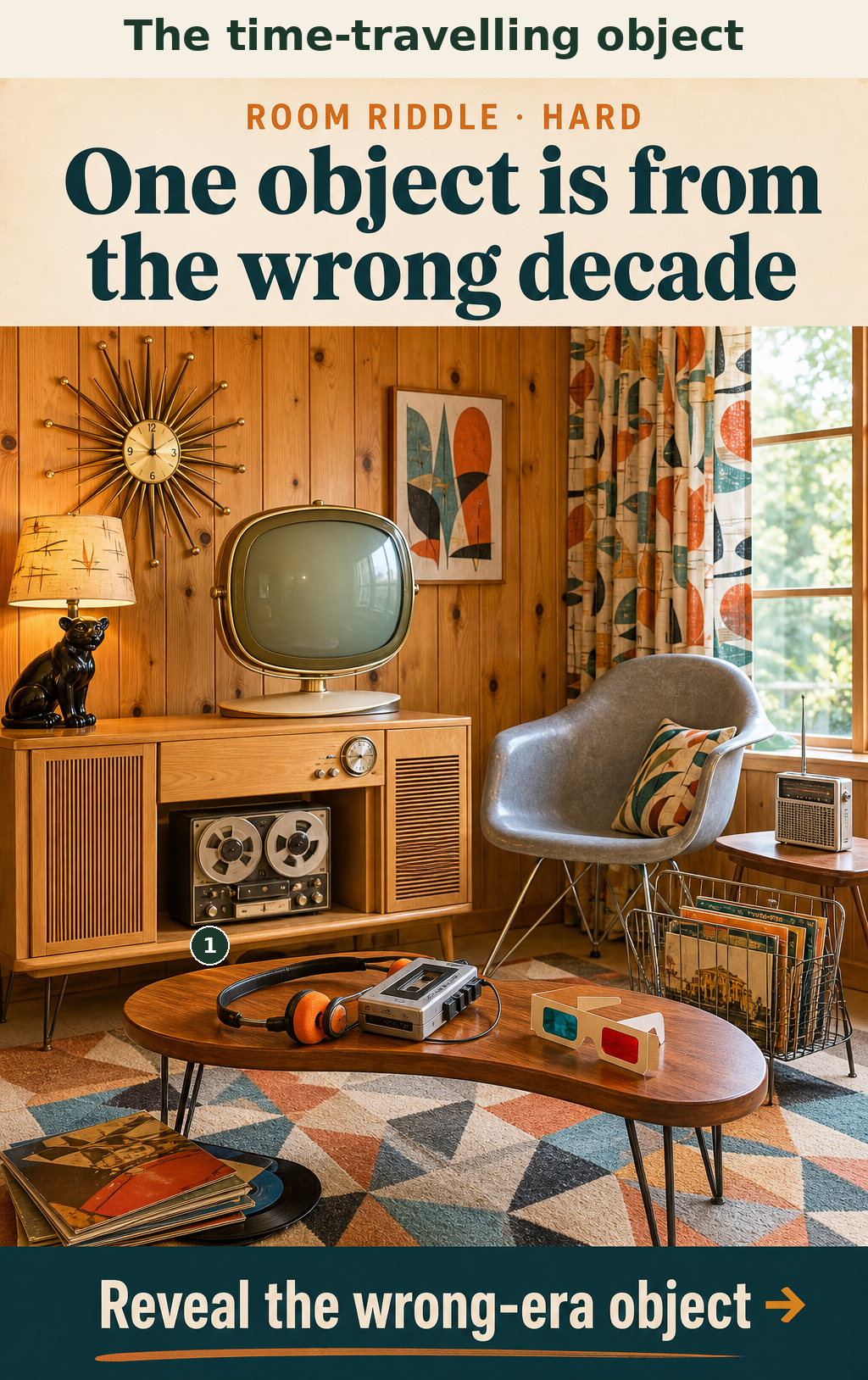 The portable cassette player with orange foam headphones is from the 1980s, while the rest of the media room is from the 1950s.