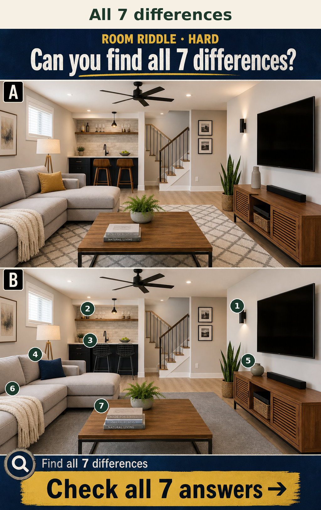 Seven specific details change between the top and bottom panels, including a pillow color, book count, vase shape, stool material, sconce direction, rug pattern, and missing glasses.