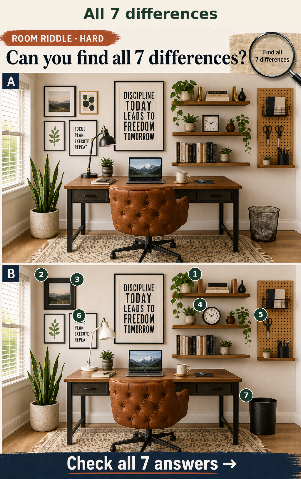 Seven specific decor and furniture details change between the top and bottom office views.