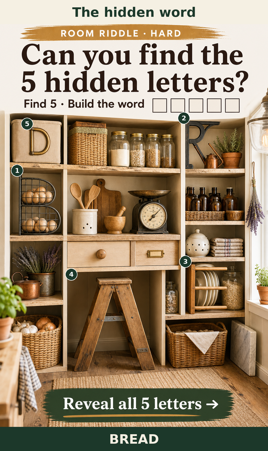the five letters in reading order and their solution word
