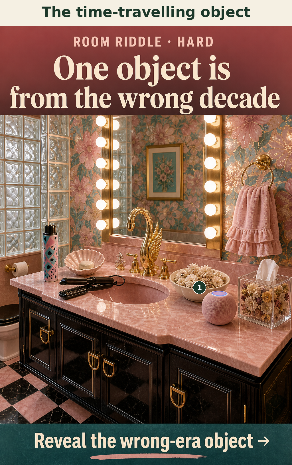 The fabric-wrapped smart speaker with a glowing LED ring is from the 2020s, while the powder room features authentic 1980s glam decor.