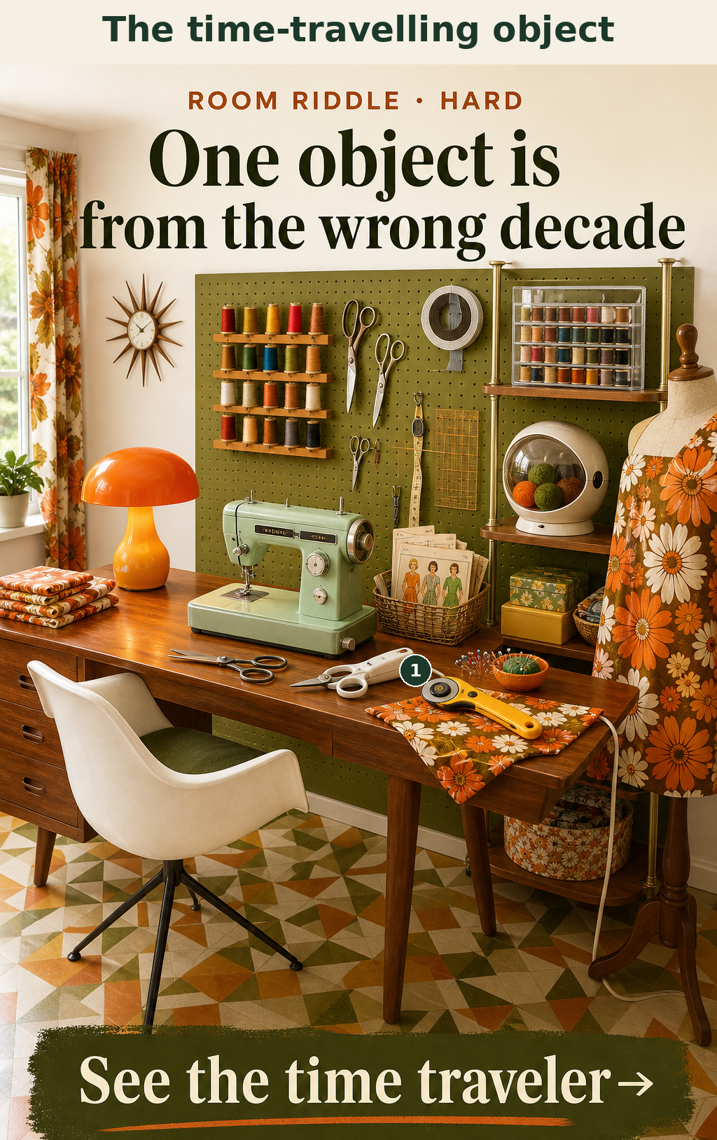 The rotary fabric cutter was invented in 1979 and popularized in the 1980s, making it anachronistic for a 1960s sewing room.