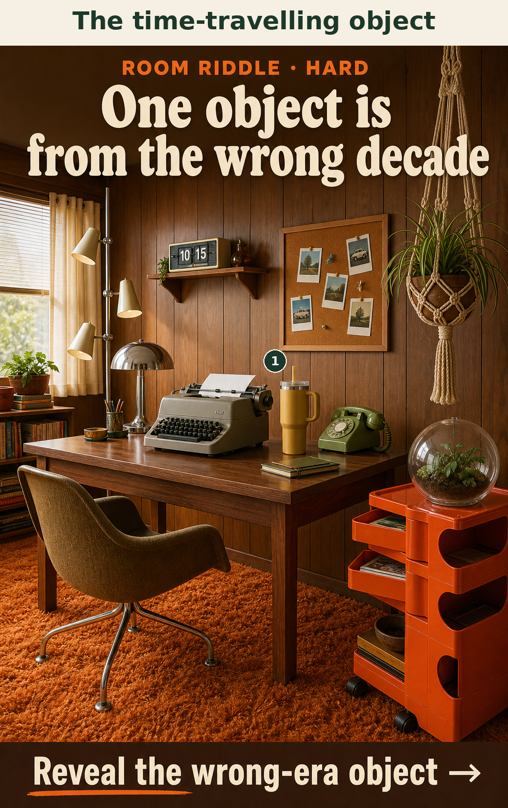 The 40oz insulated tumbler with a handle and thick straw is an iconic 2020s object, placed in a 1970s home office.