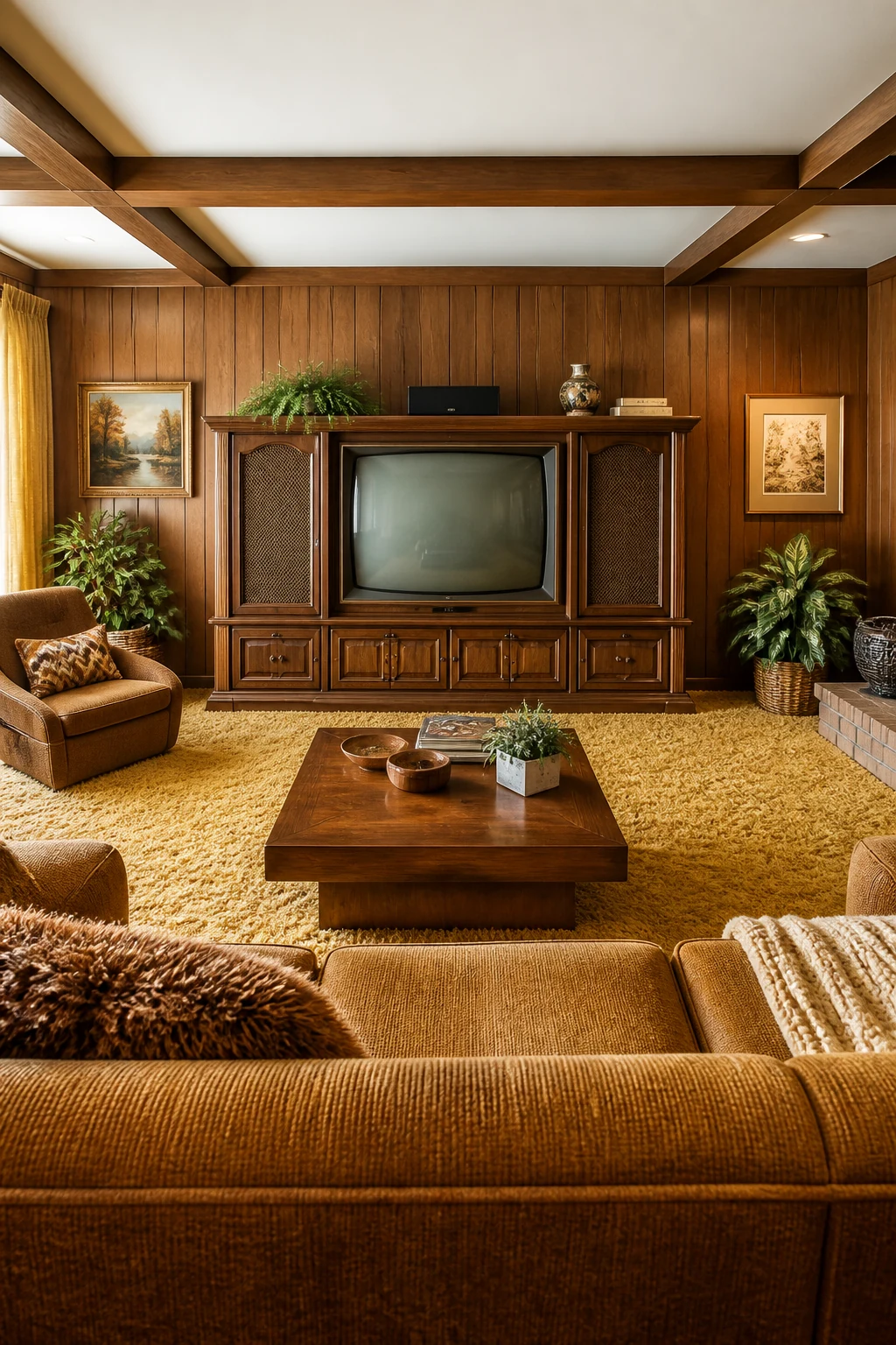 Grounding the 1970s Media Room with Heavy Wood