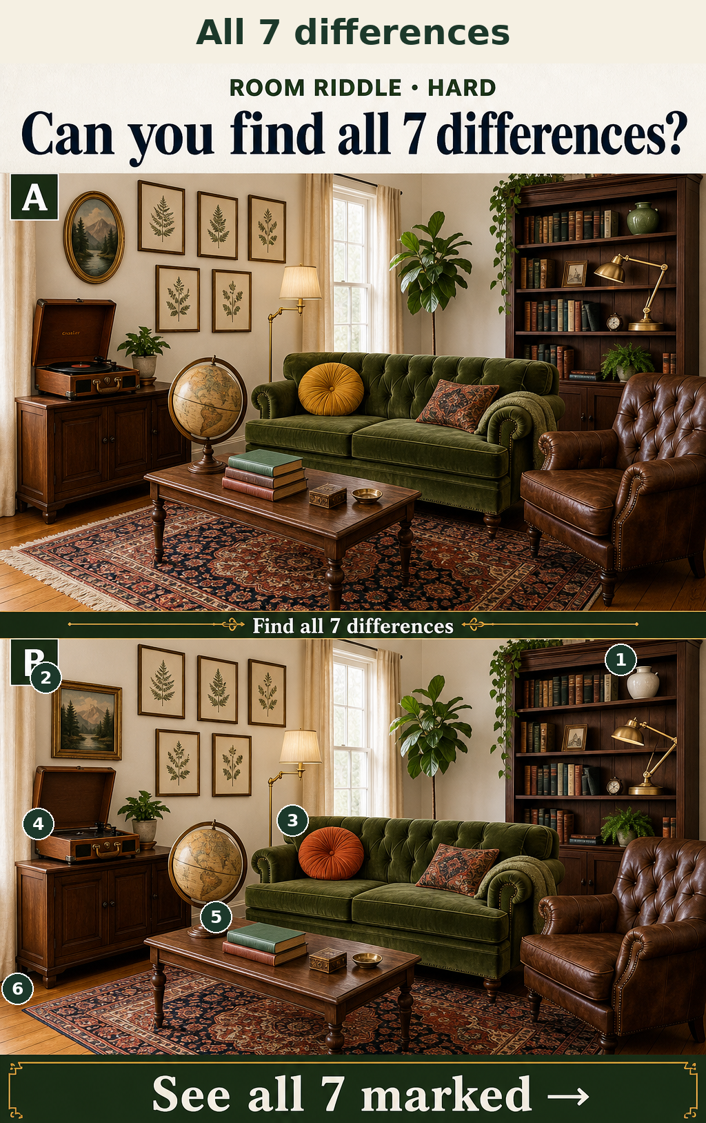 Seven specific decor details change color, count, orientation, shape, or presence between the upper and lower rooms.