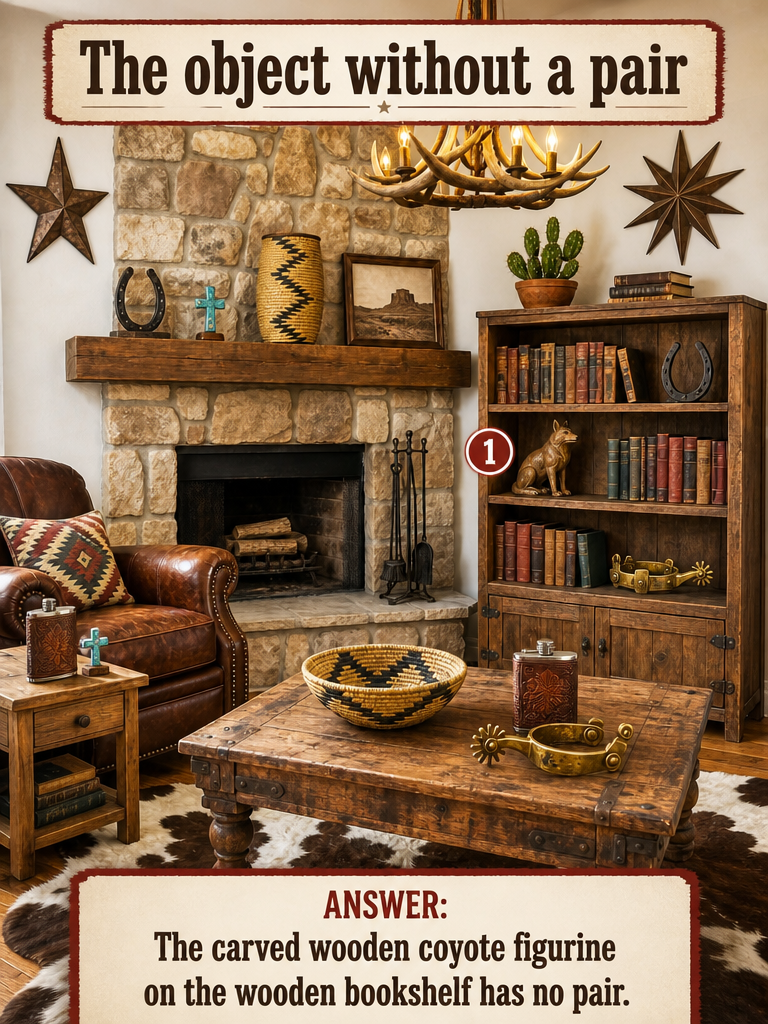 The carved wooden coyote figurine on the wooden bookshelf has no pair.