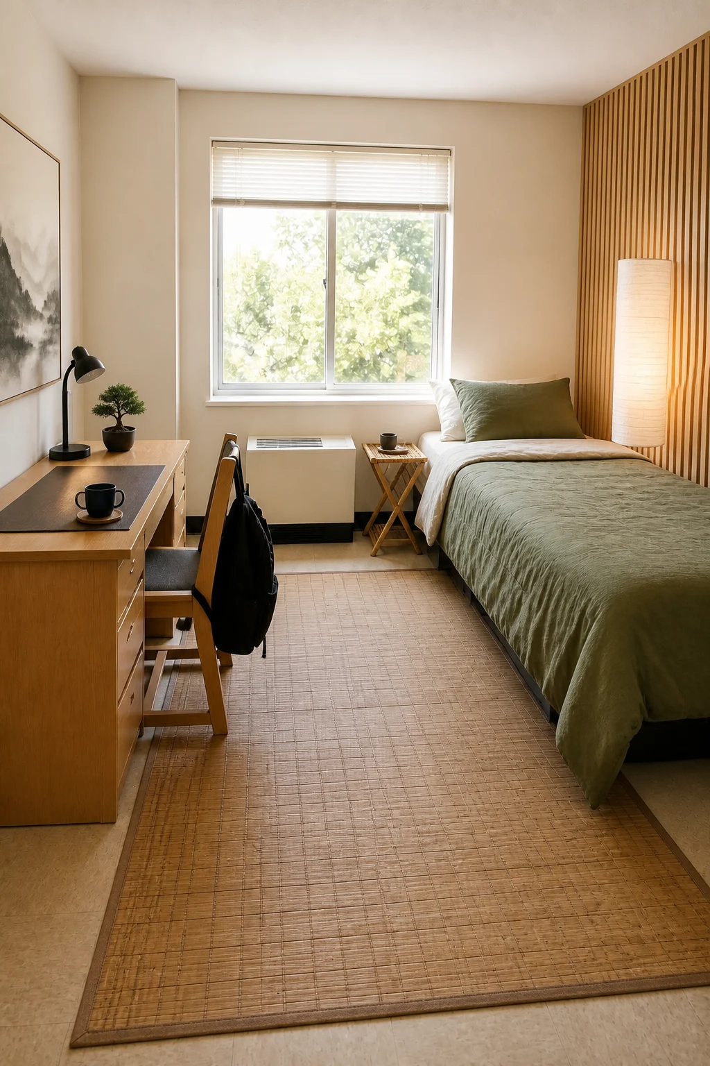 The same room styled as Japandi Zen