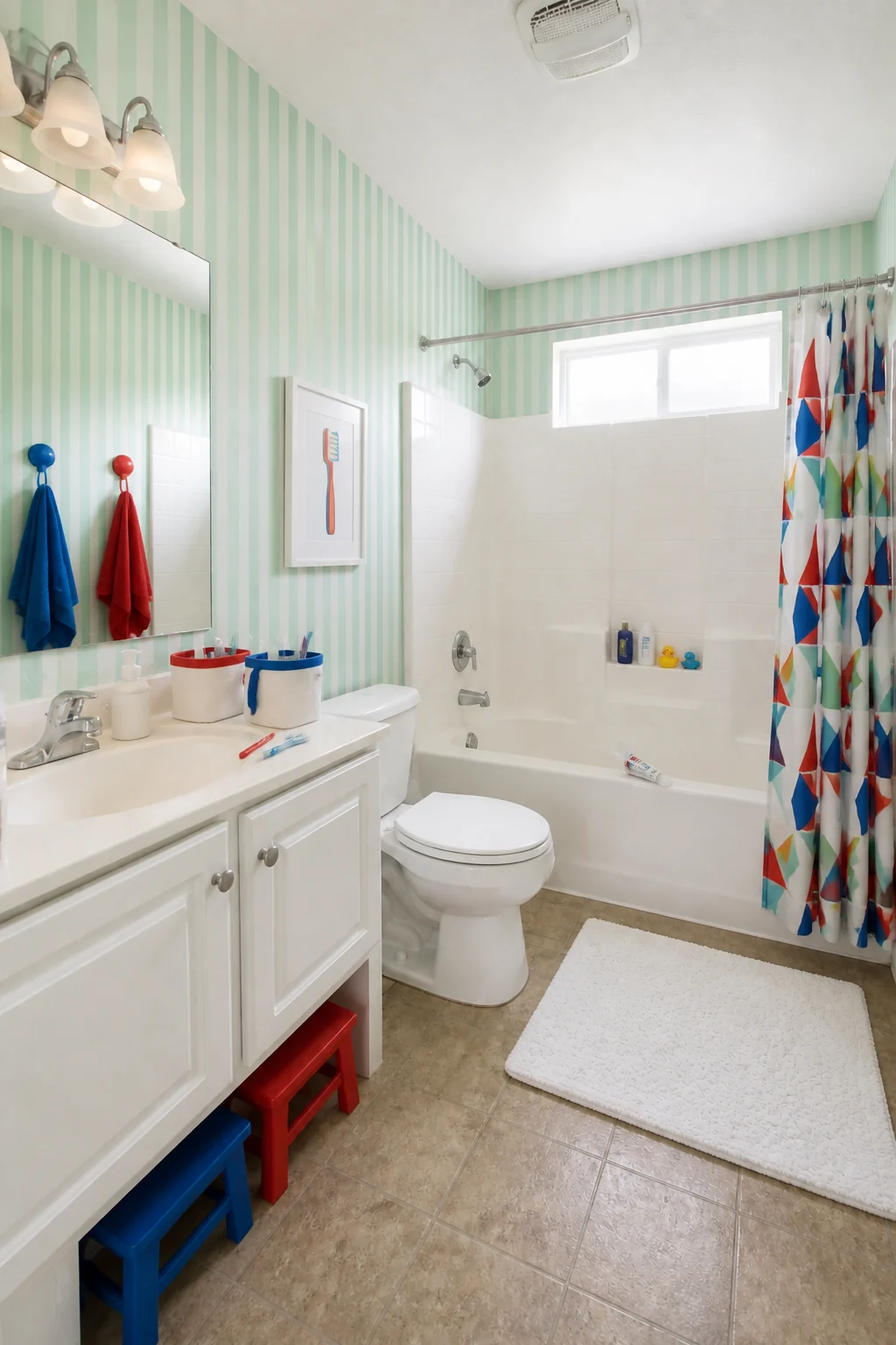 The same room styled as Shared Kids Bath