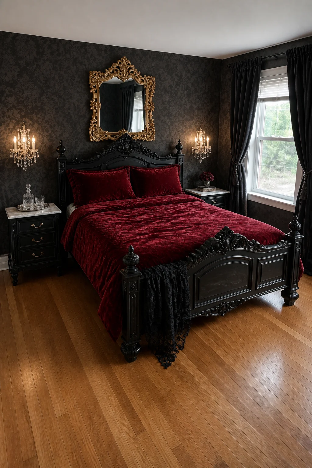 The same room styled as Gothic Victorian