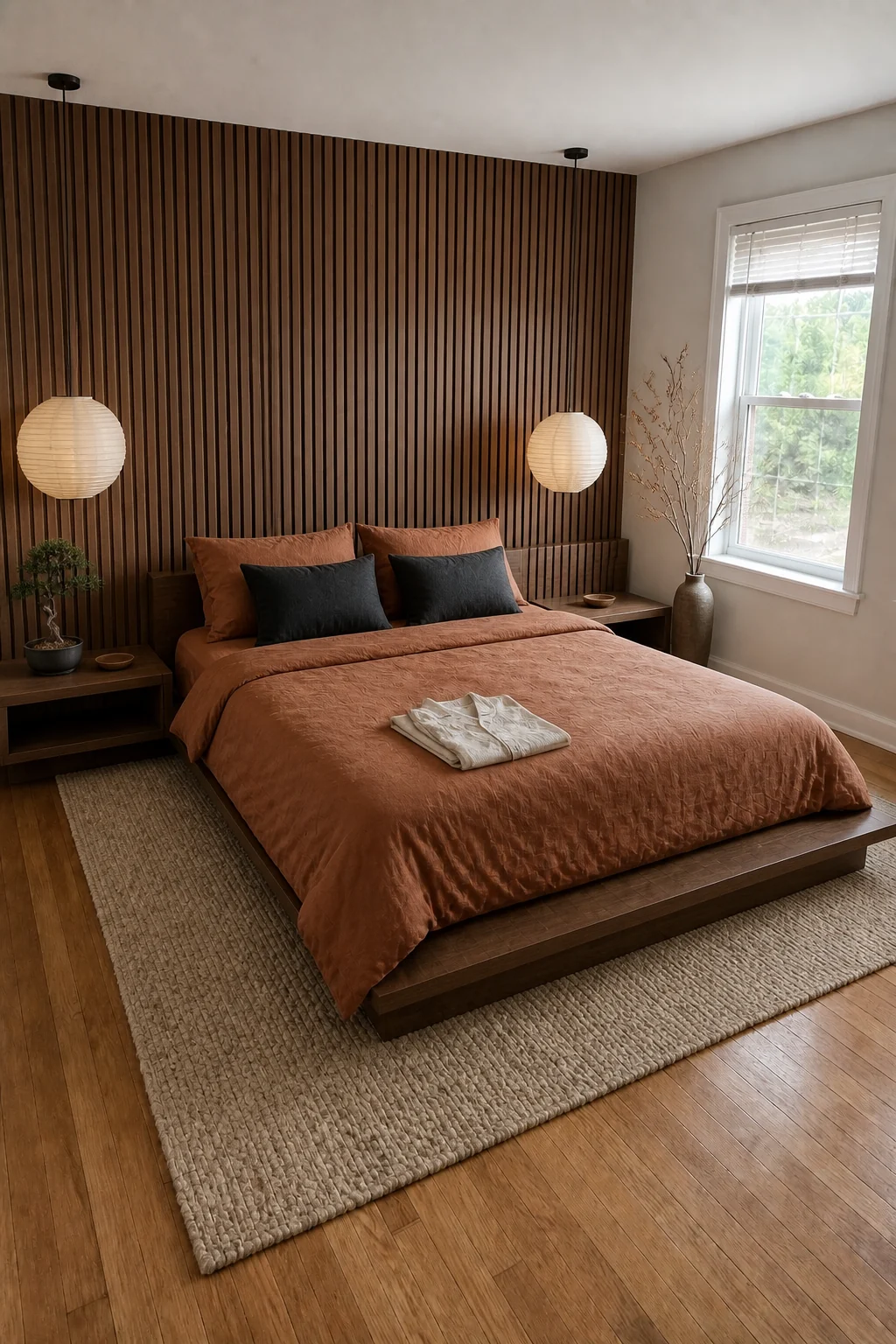 The same room styled as Japandi Autumn