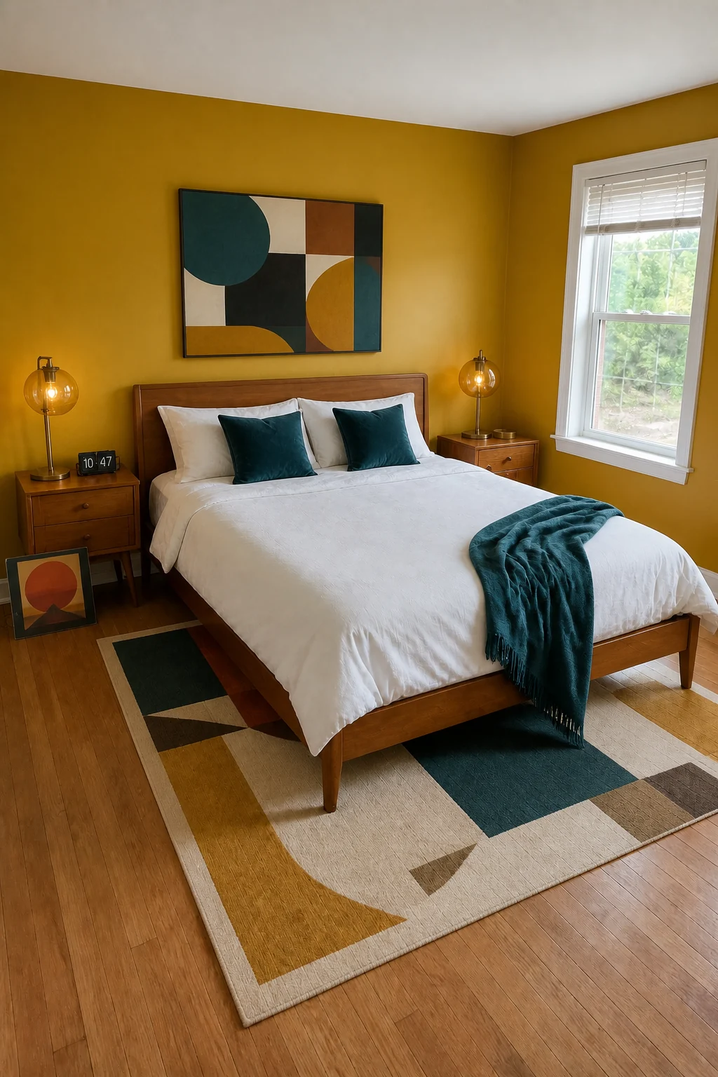 The same room styled as Mid-Century Amber