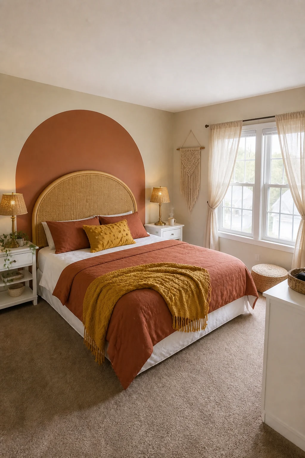 The same room styled as Earthy Boho