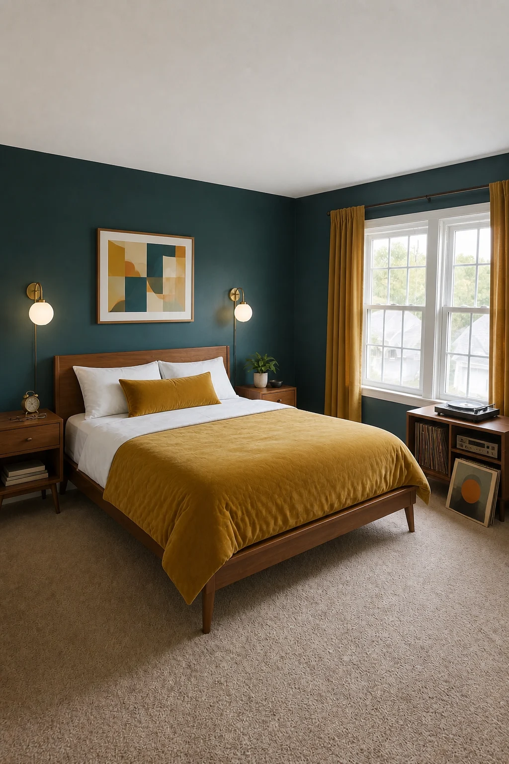 The same room styled as Mid-Century Amber