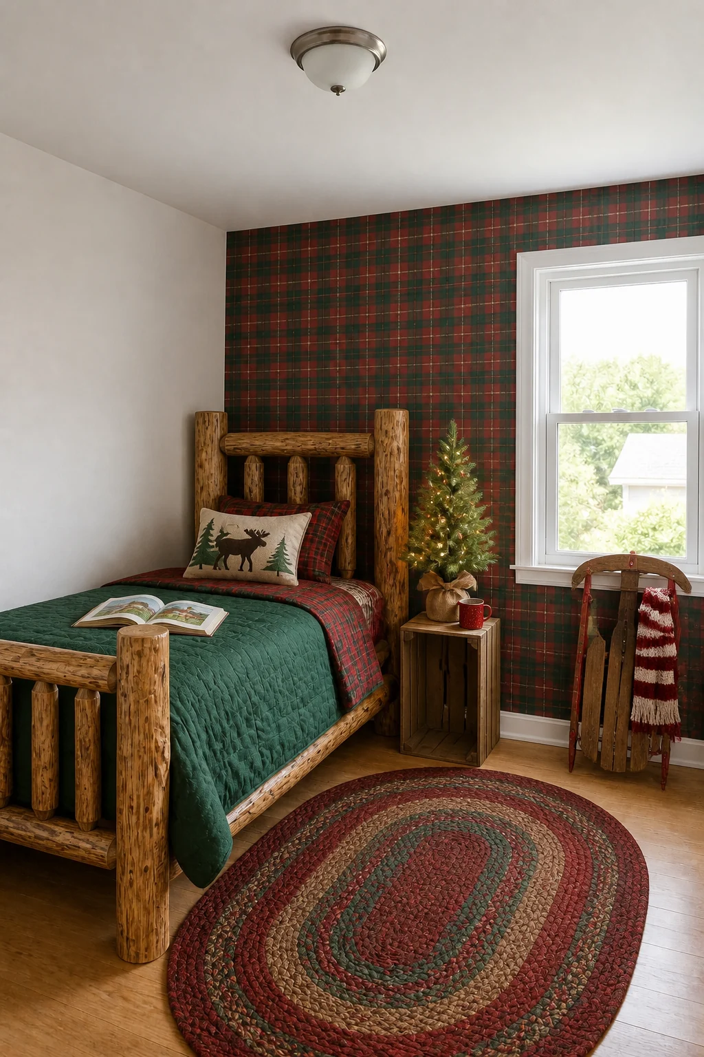 The same room styled as Cozy Christmas Cabin