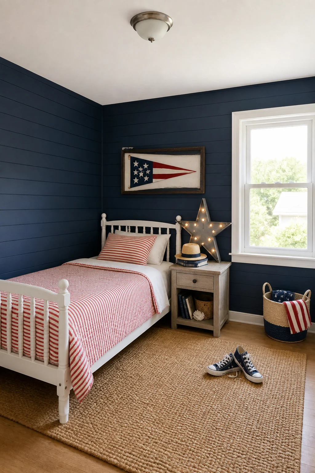 The same room styled as Coastal Americana