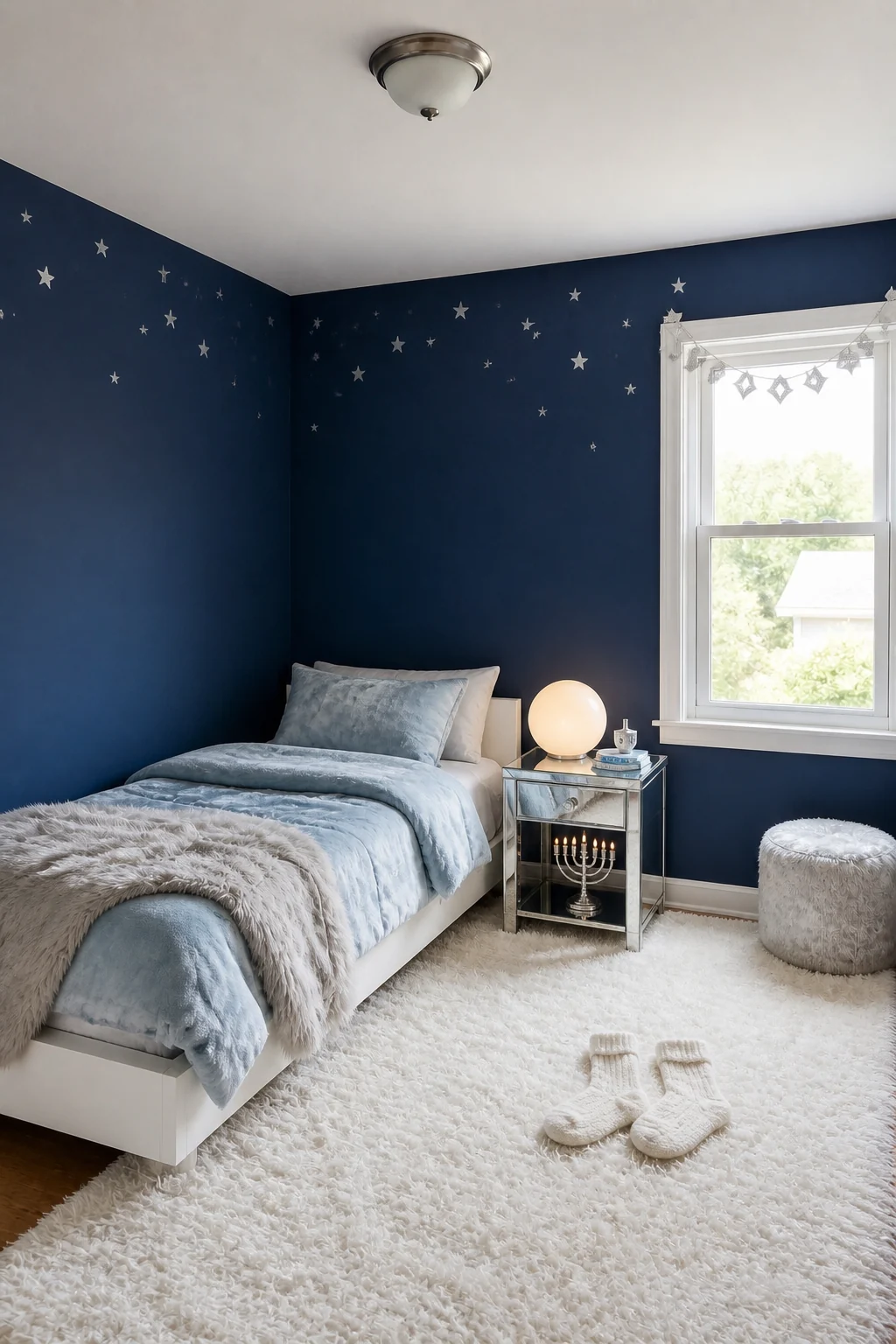 The same room styled as Winter Silver & Blue