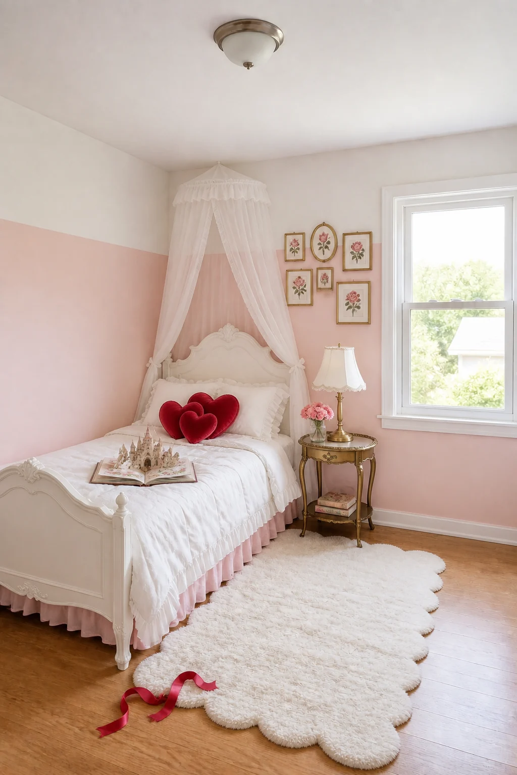 The same room styled as Valentine's Coquette