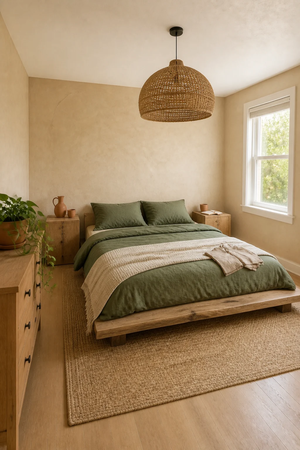 The same room styled as Biophilic Organic