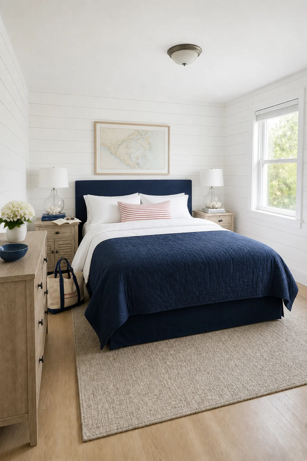 The same room styled as Coastal Americana