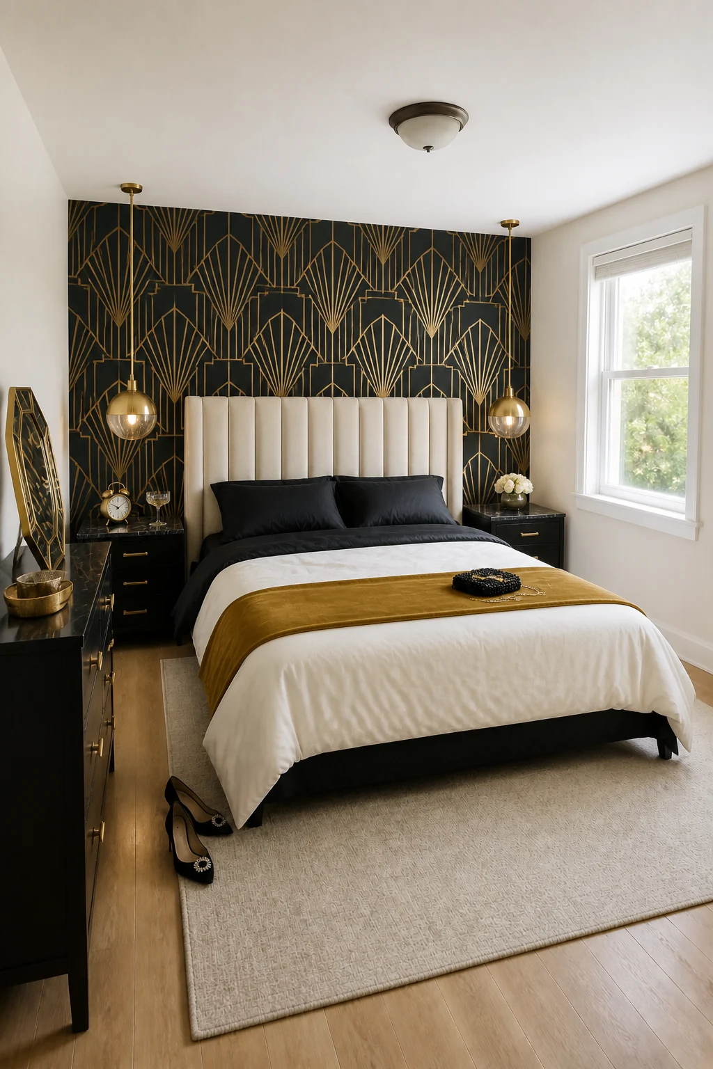 The same room styled as Art Deco Glam