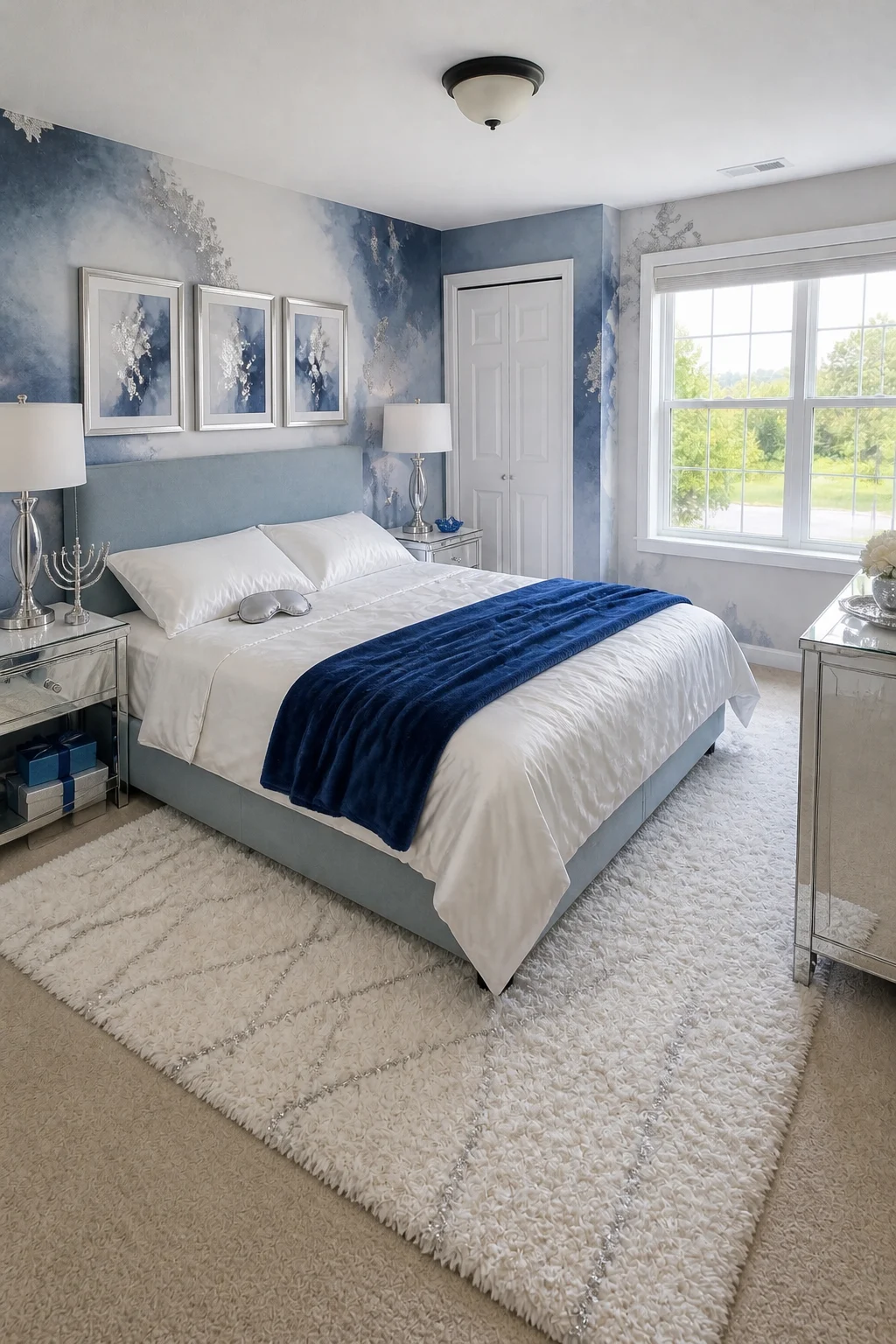 The same room styled as Hanukkah