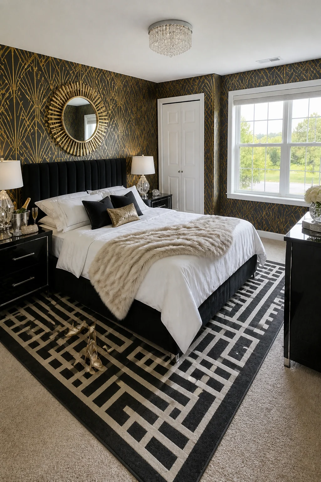 The same room styled as New Year's Eve
