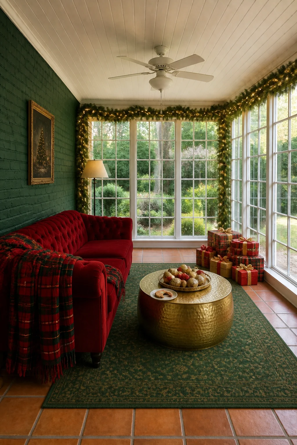 The same room styled as Festive Holiday Maximalist
