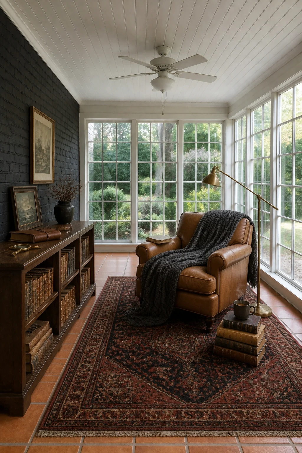 The same room styled as Dark Academia Retreat