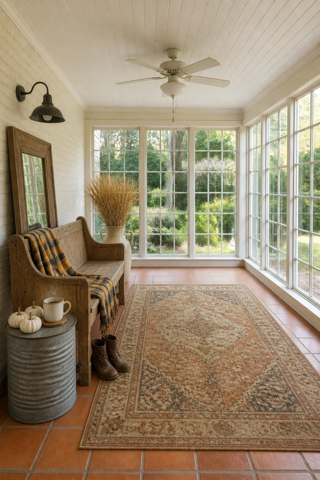 The same room styled as Autumn Harvest Farmhouse