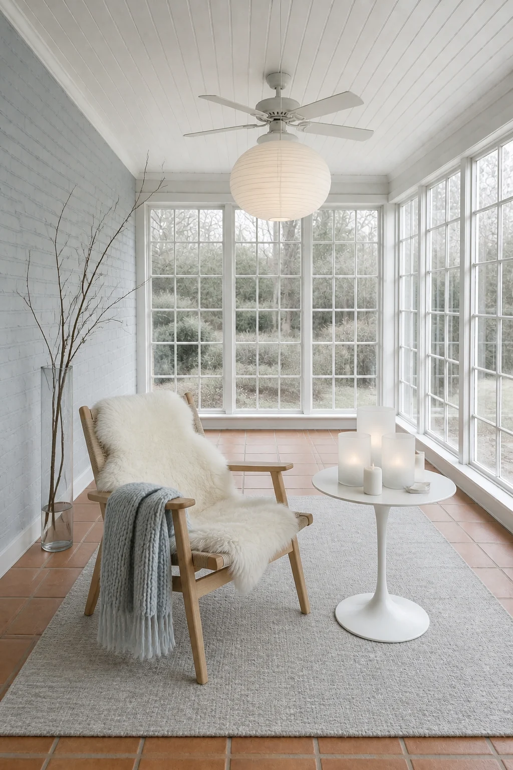 The same room styled as Winter Solstice Minimal