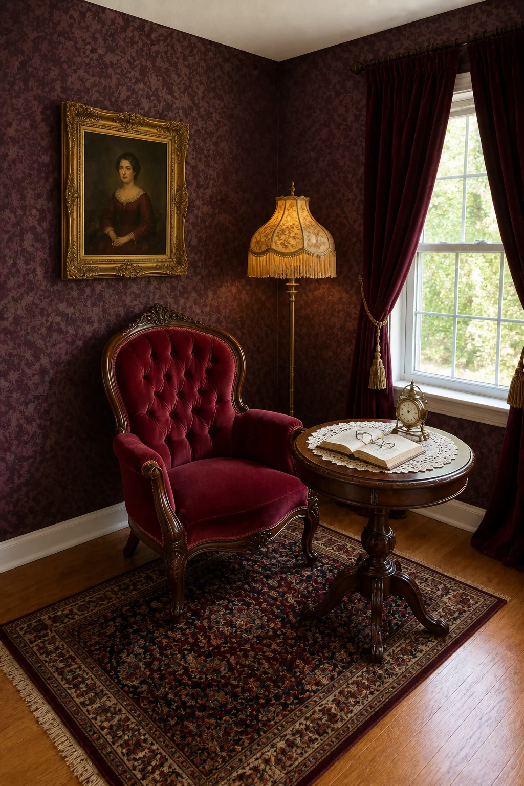 The same room styled as 1890s Victorian