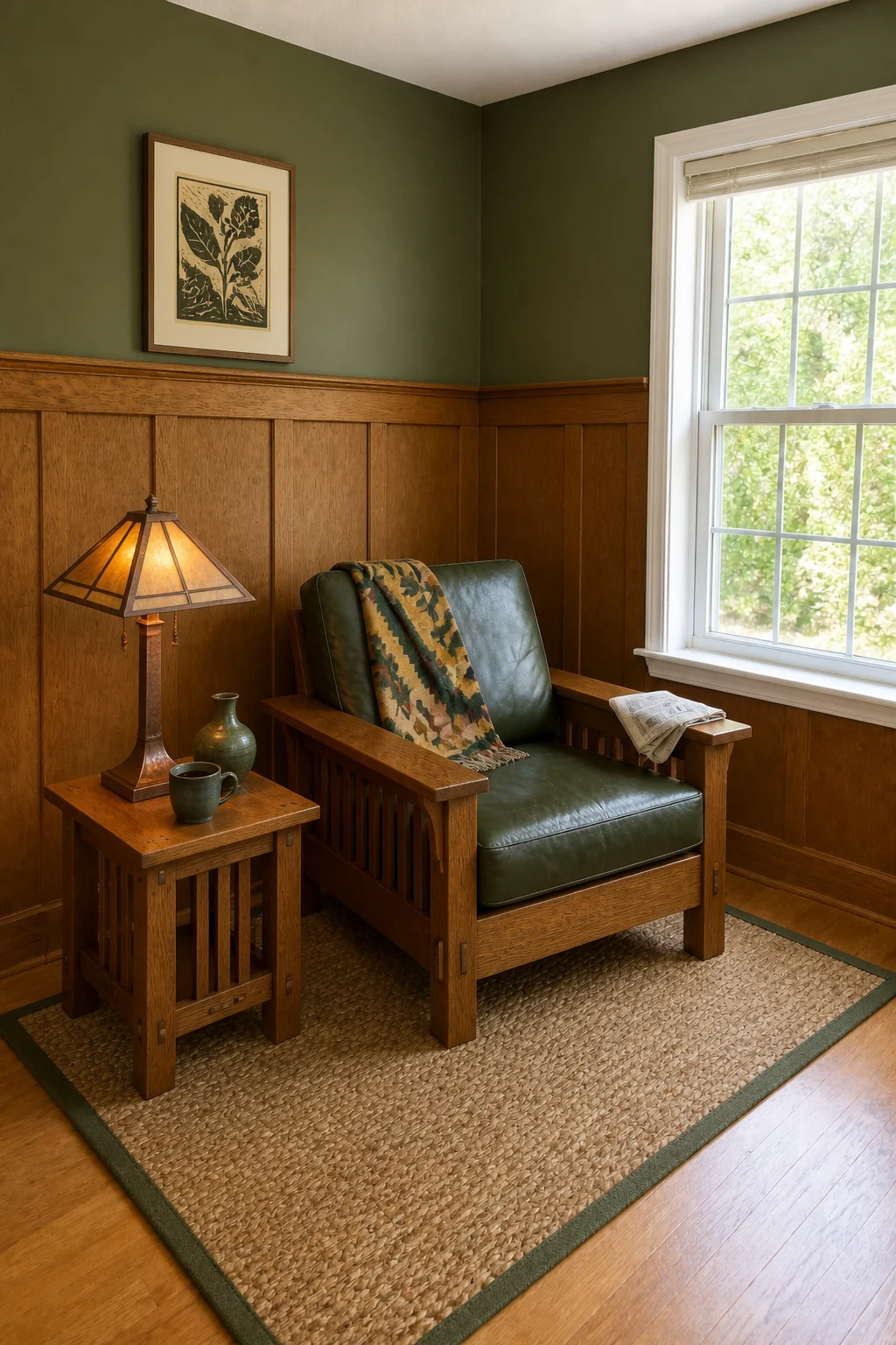The same room styled as 1910s Craftsman