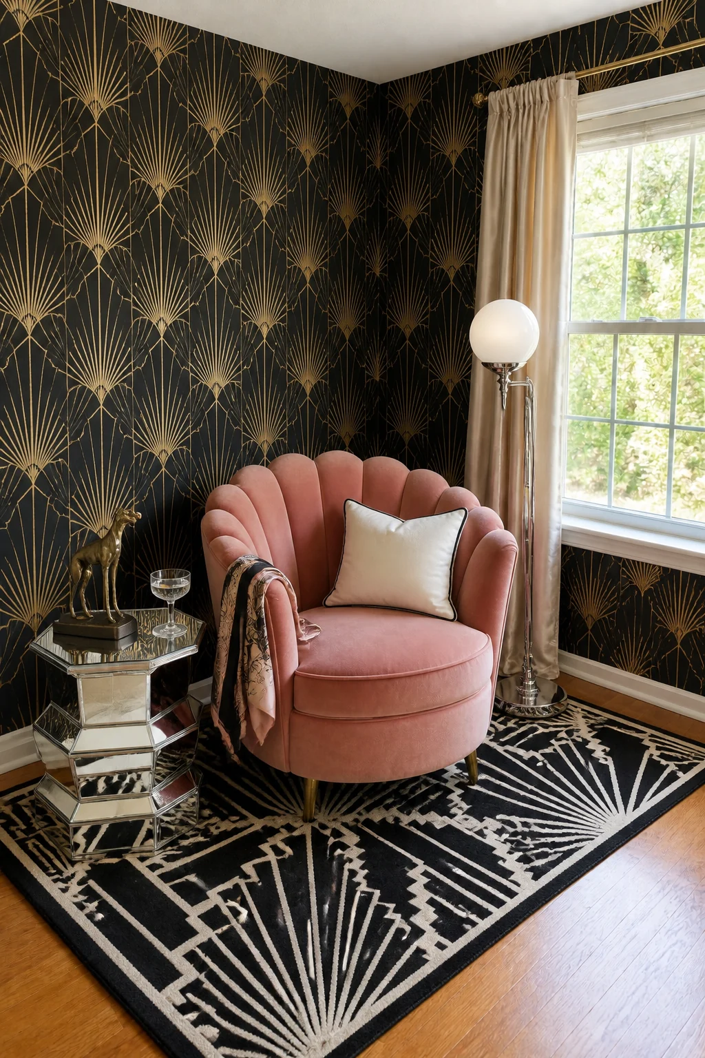The same room styled as 1920s Art Deco