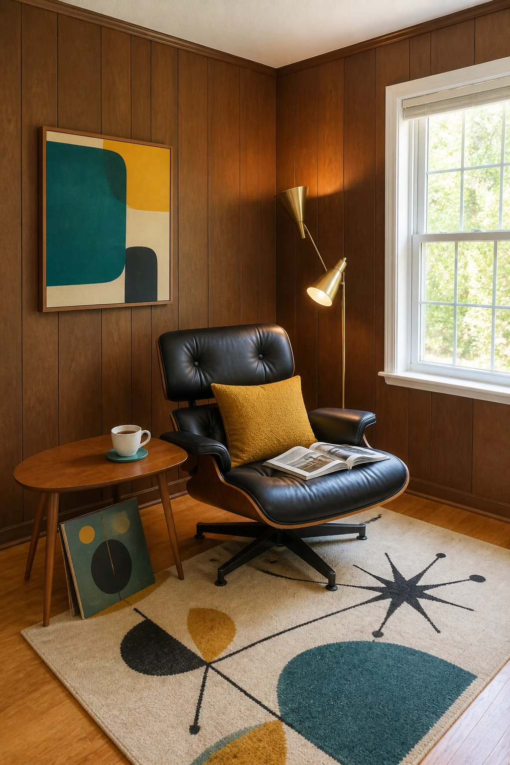 The same room styled as 1950s Mid-Century