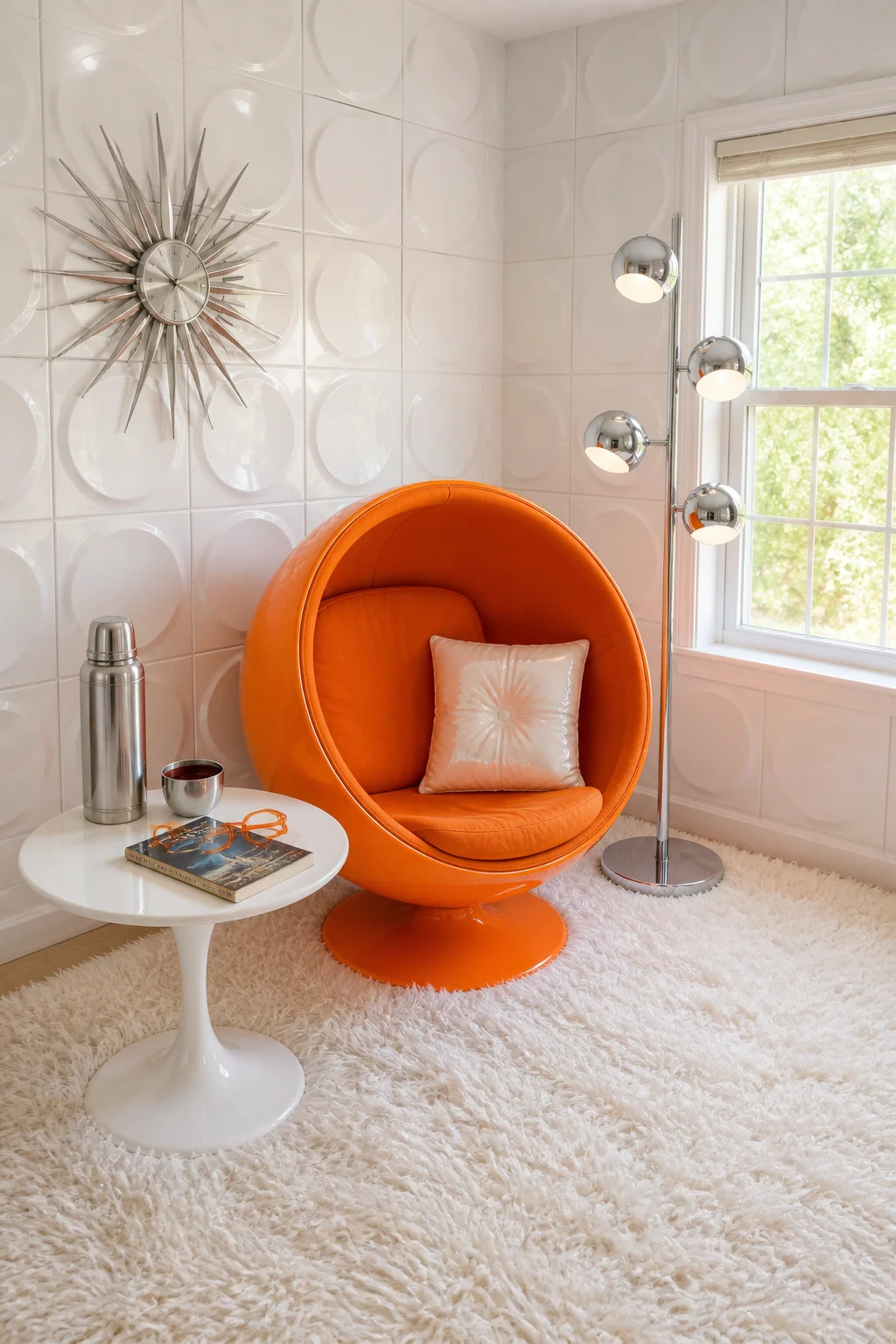 The same room styled as 1960s Space Age