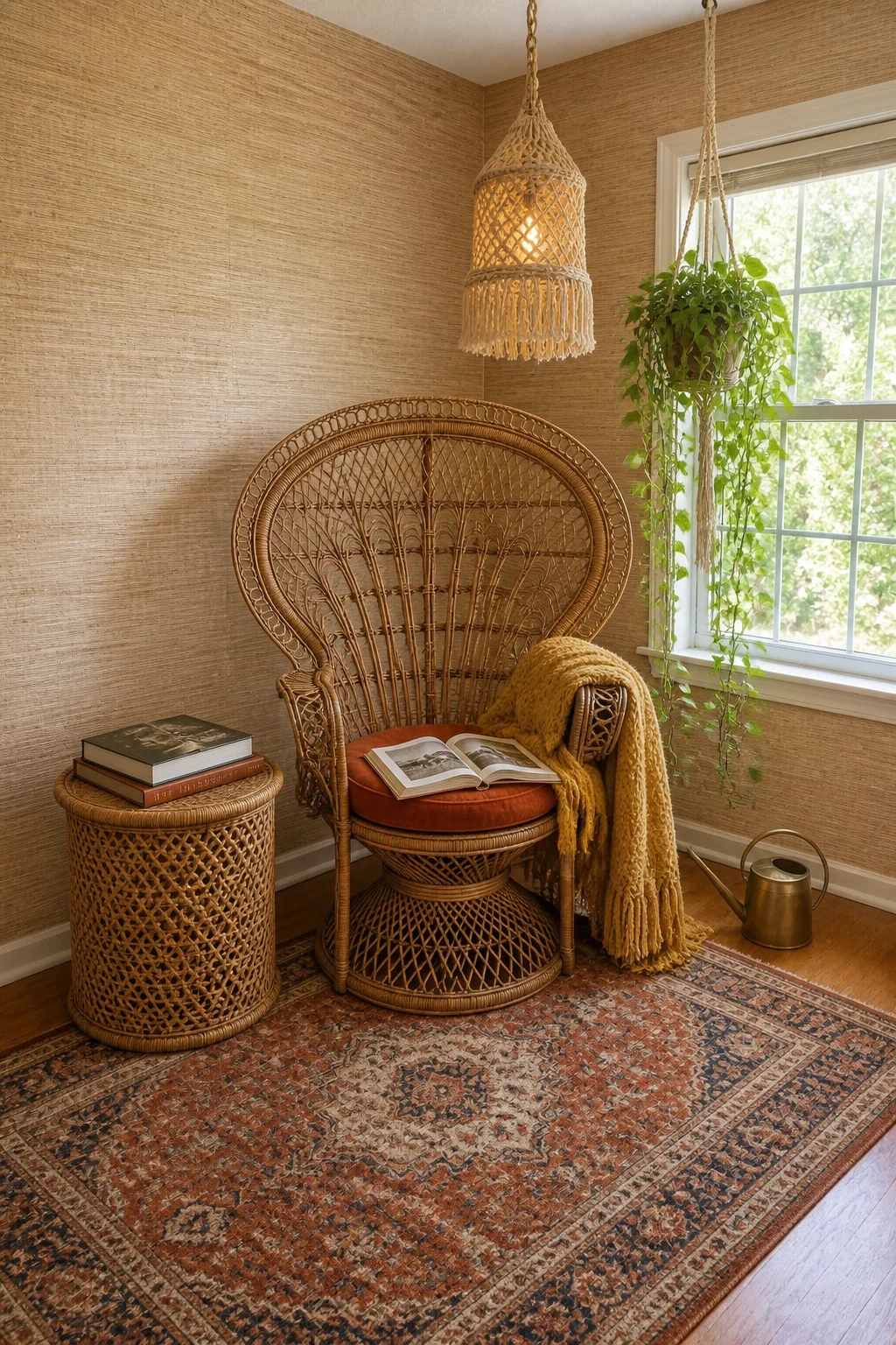 The same room styled as 1970s Bohemian