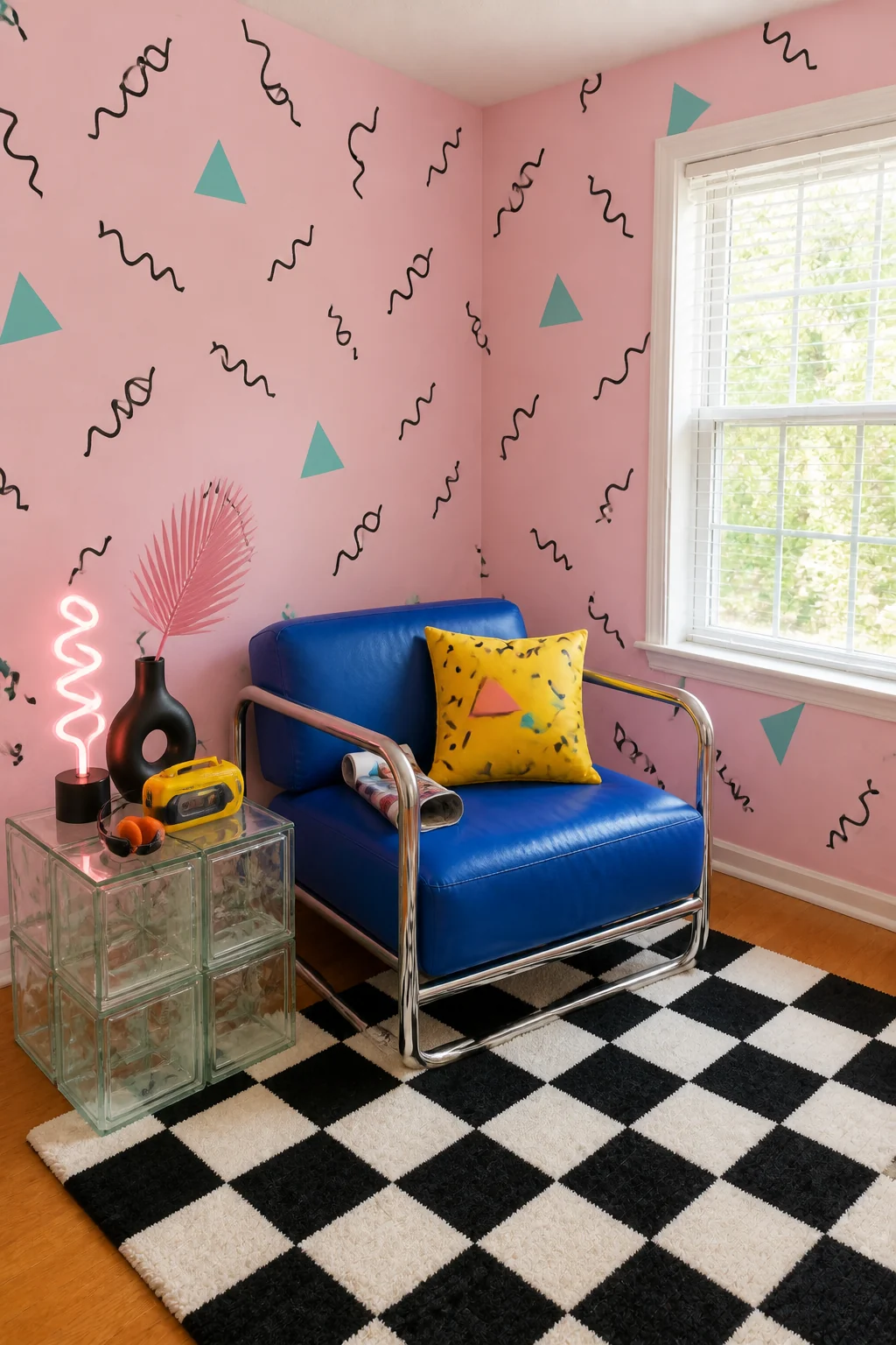 The same room styled as 1980s Postmodern