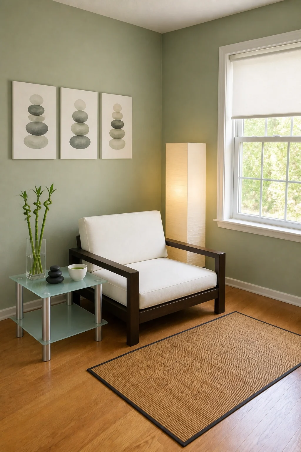 The same room styled as 2000s Y2K Zen