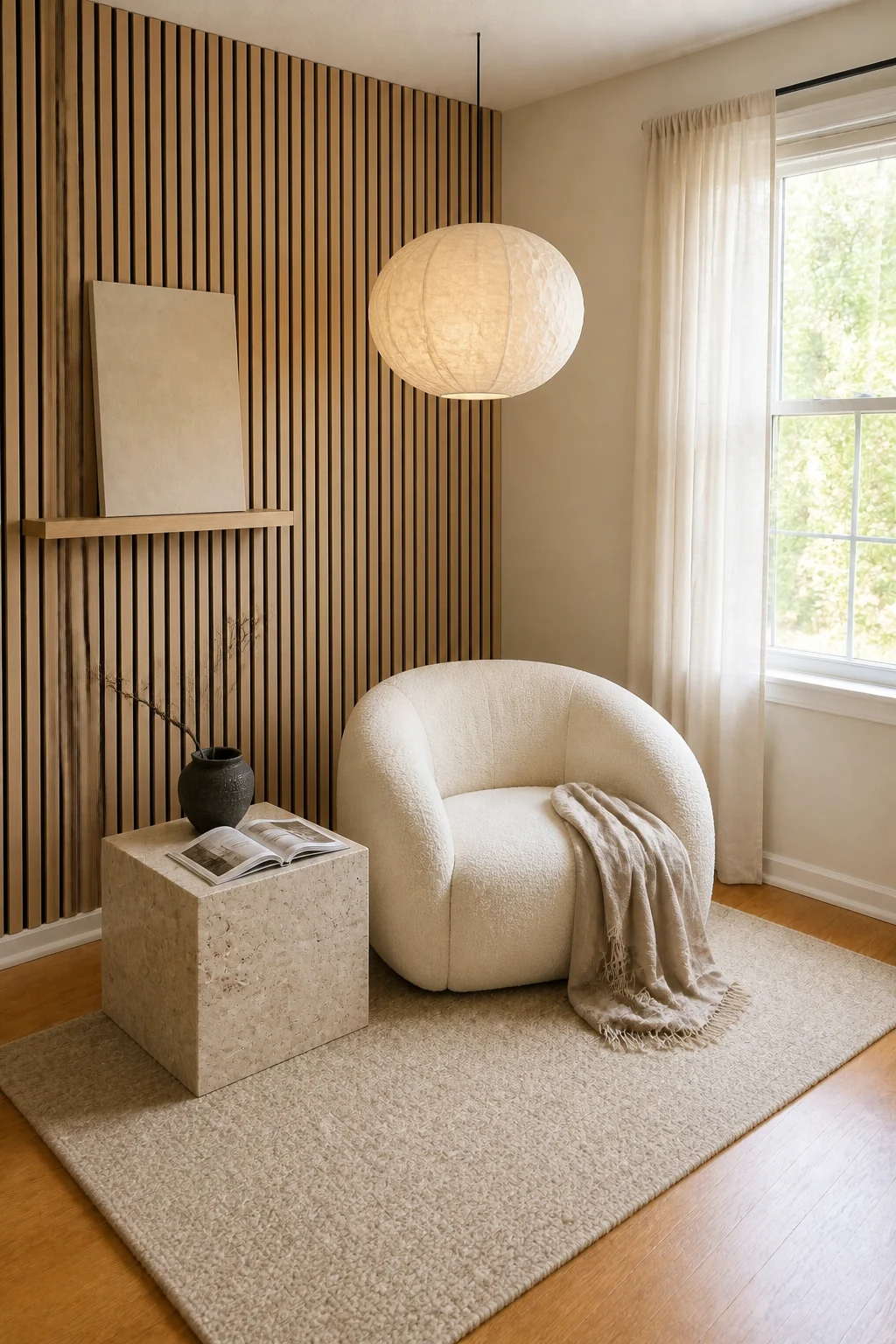 The same room styled as 2020s Japandi