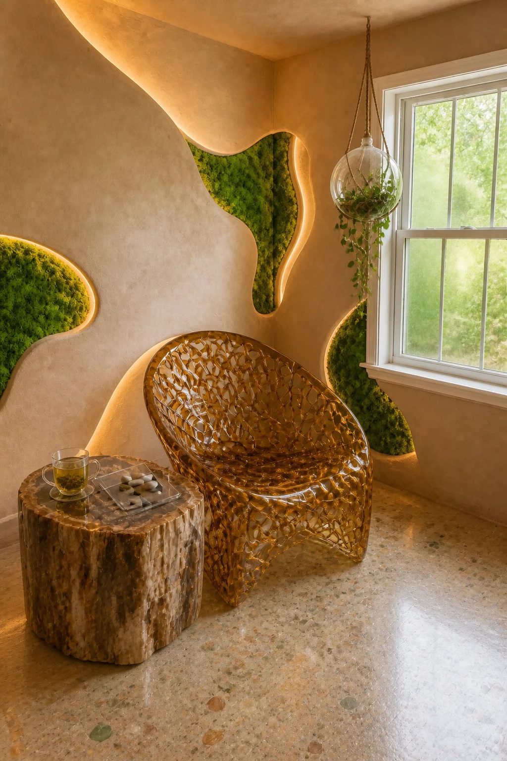The same room styled as 2030s Biophilic Future