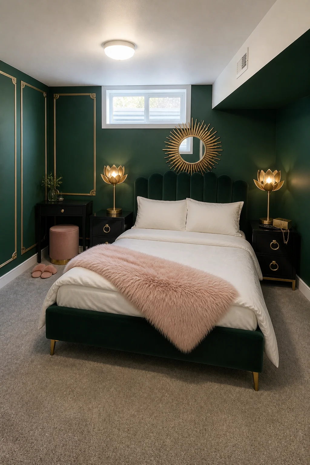 The same room styled as MCM Hollywood Regency
