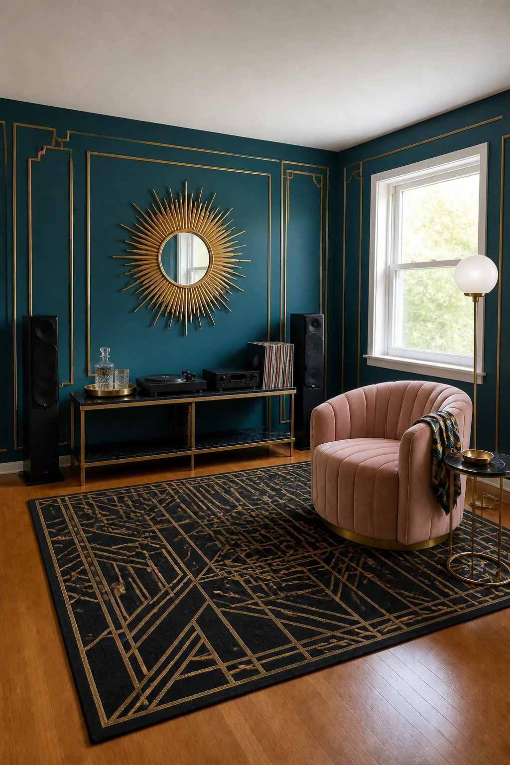 The same room styled as Art Deco Glamour