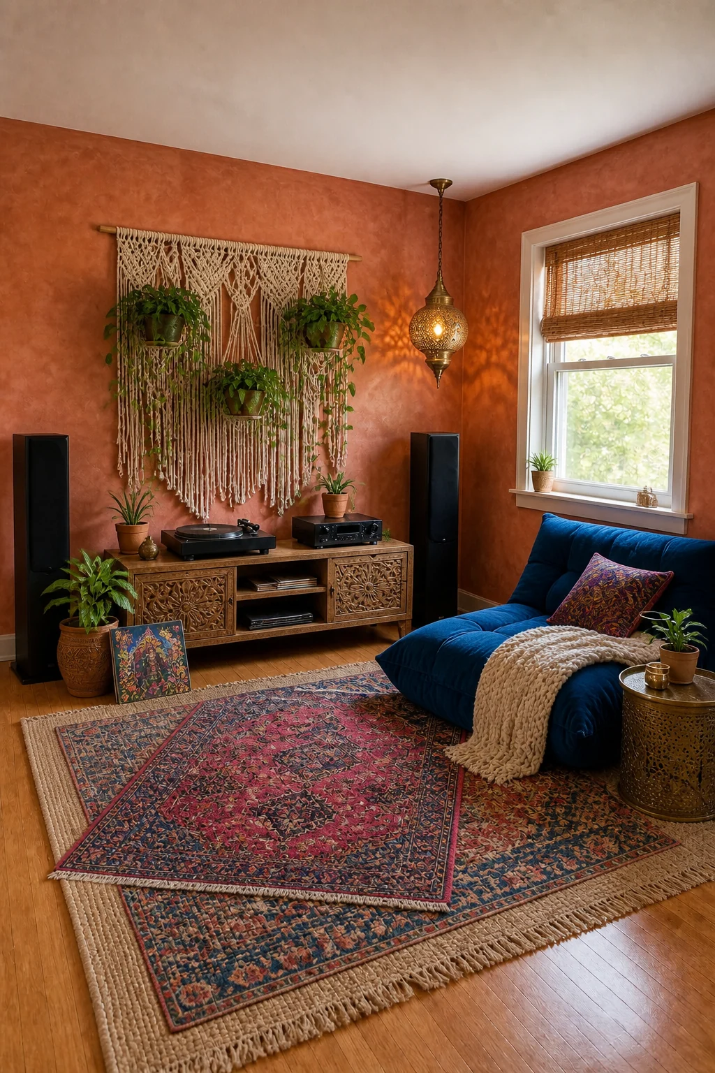 The same room styled as Eclectic Bohemian