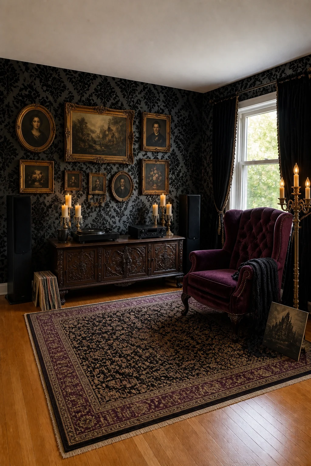 The same room styled as Gothic Victorian