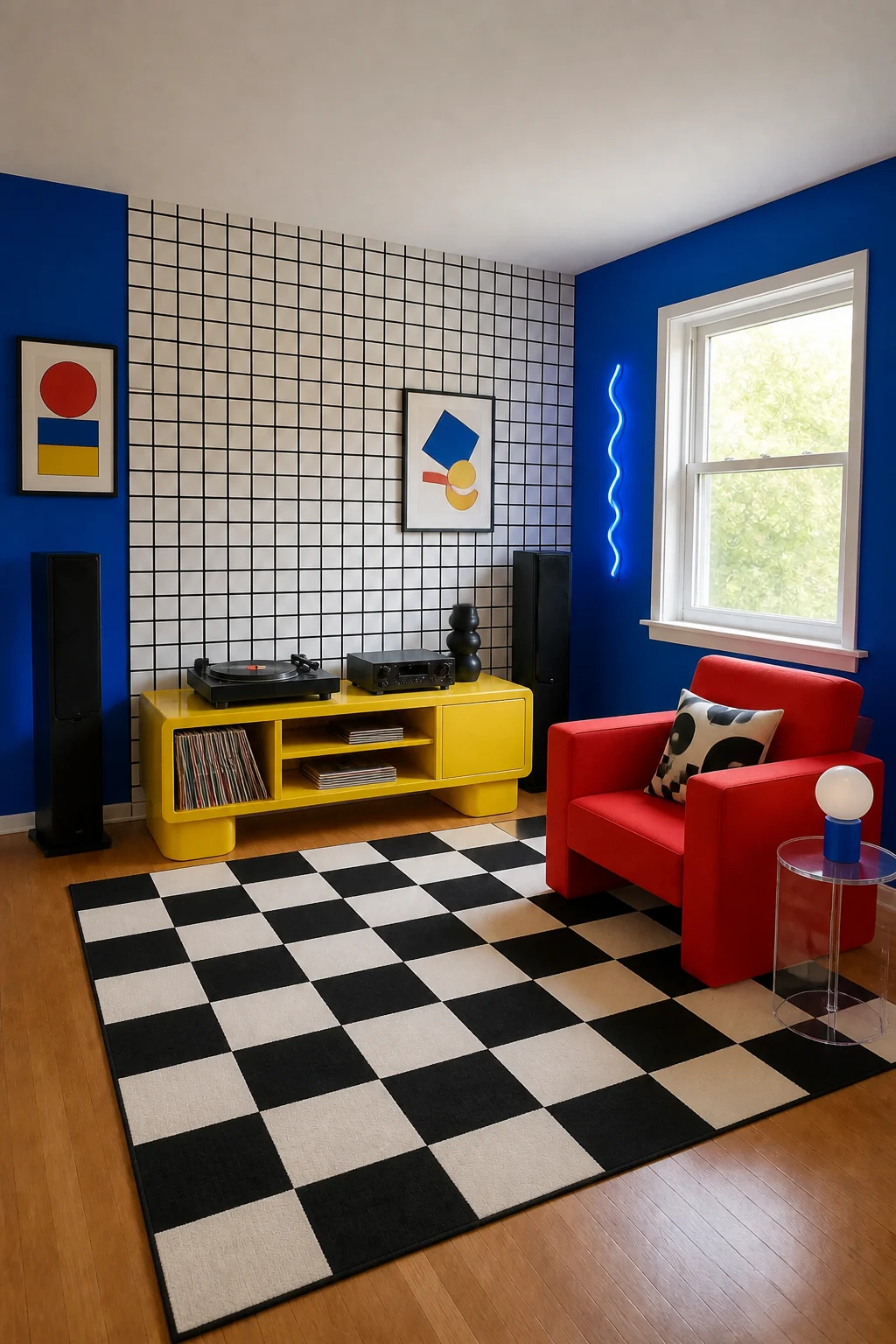 The same room styled as Postmodern Memphis